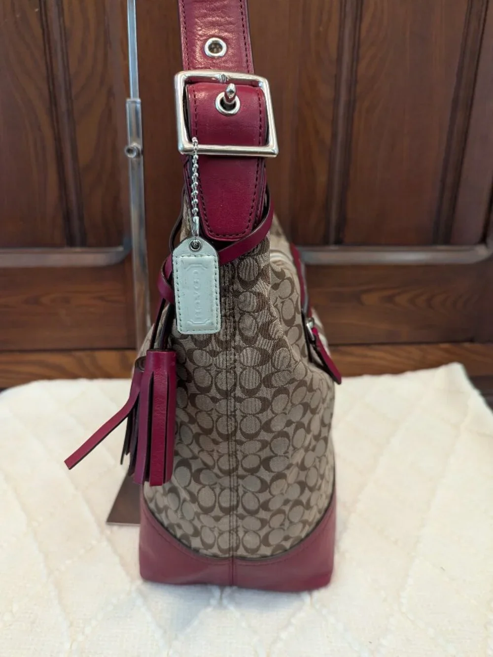 Coach Legacy Signature Stripe Canvas Leather Trim Hobo Shoulder Bag Khaki/ Red